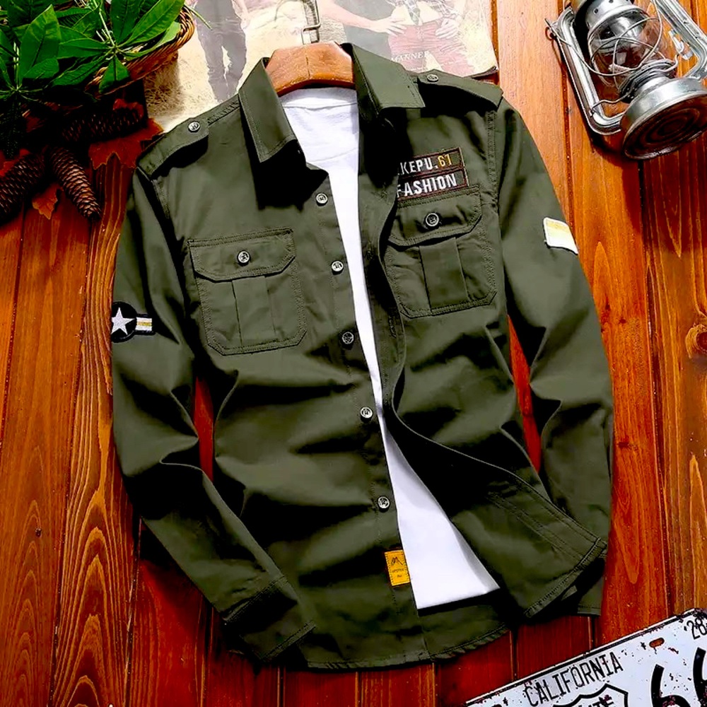 Men's Shirts Military Cotton Shirt Khaki